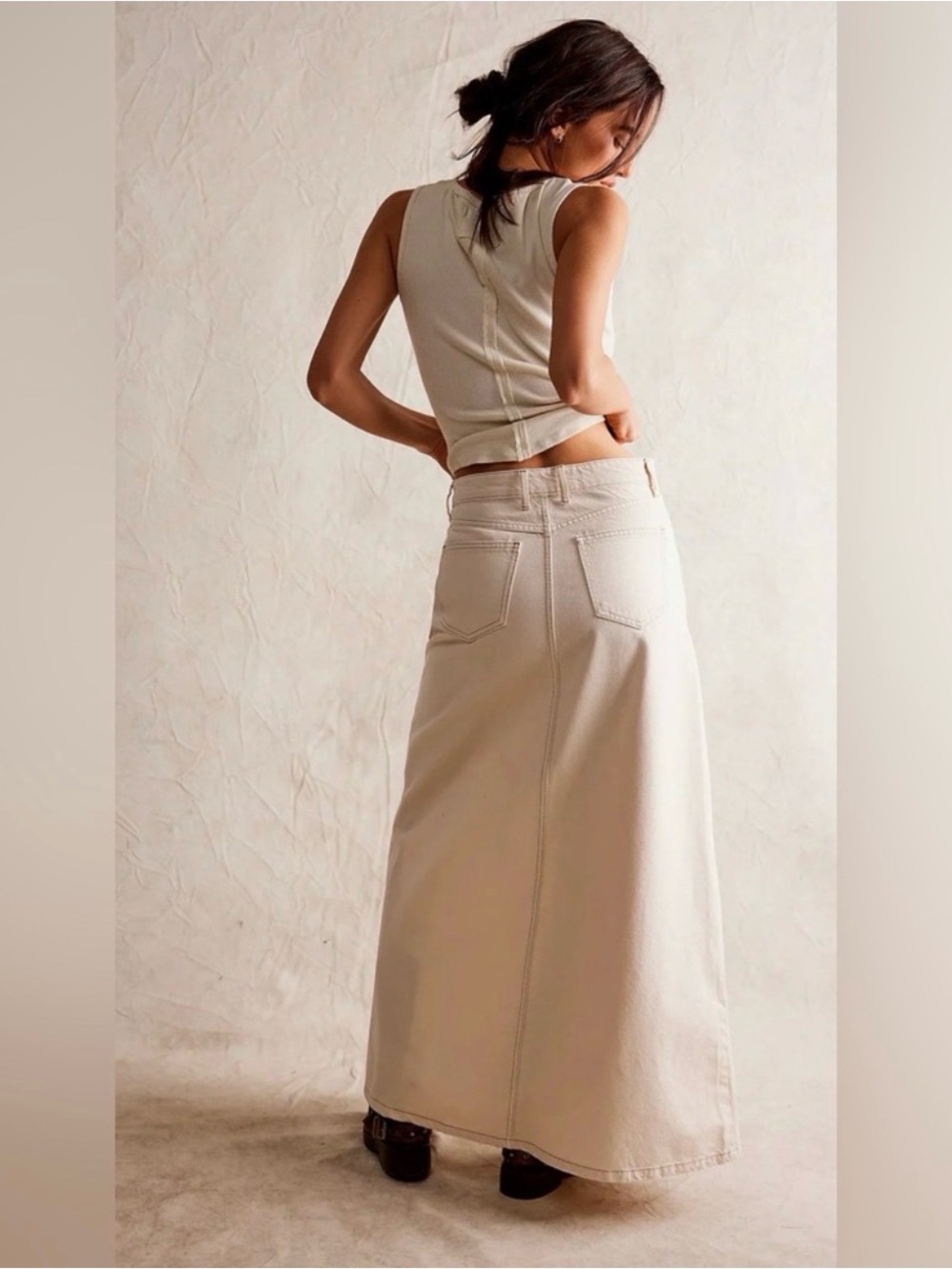FREE PEOPLE WE THE FREE Come As You Are Denim Maxi Skirt Ivory Cream - Picture 2 of 5
